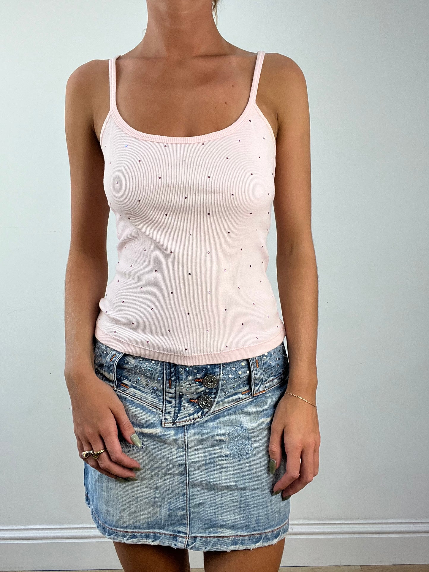 GIRLBAND DROP | small pink moschino cami with diamantés all over