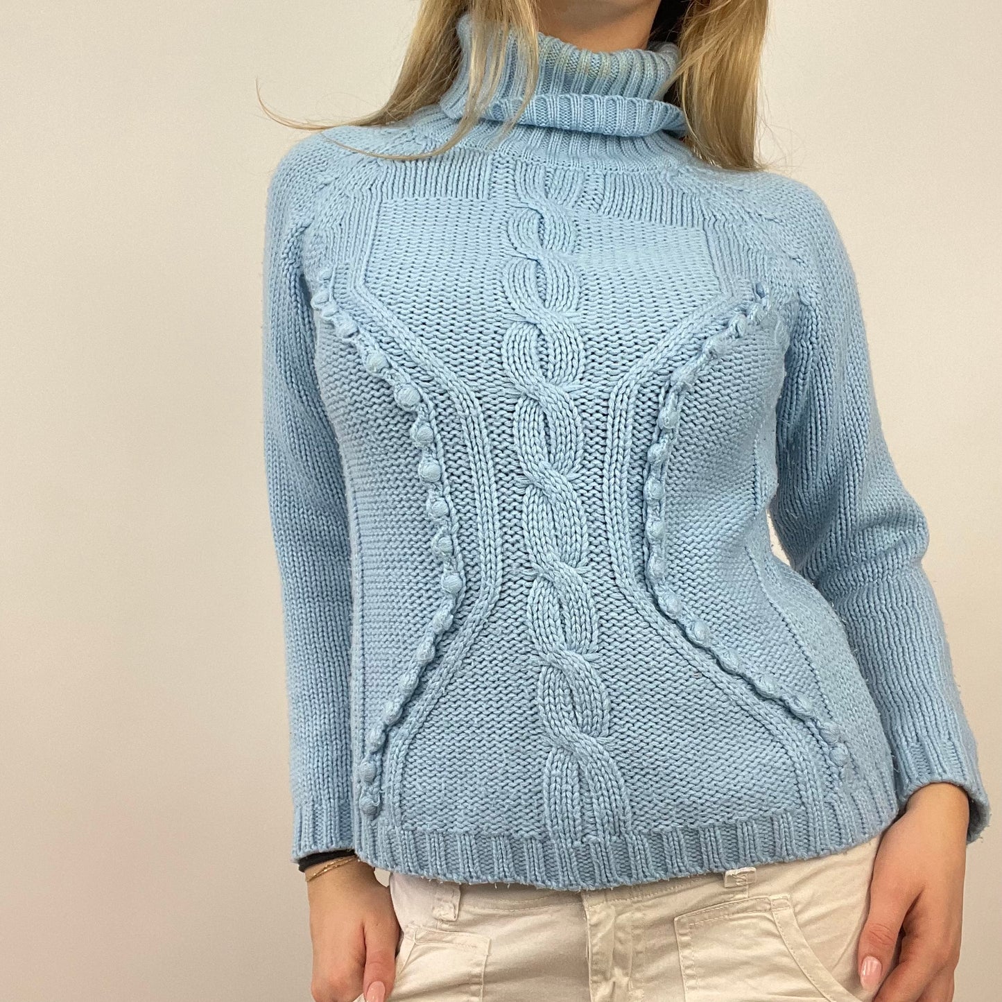 ETHEREAL GIRL DROP | small blue cable knit roll neck jumper