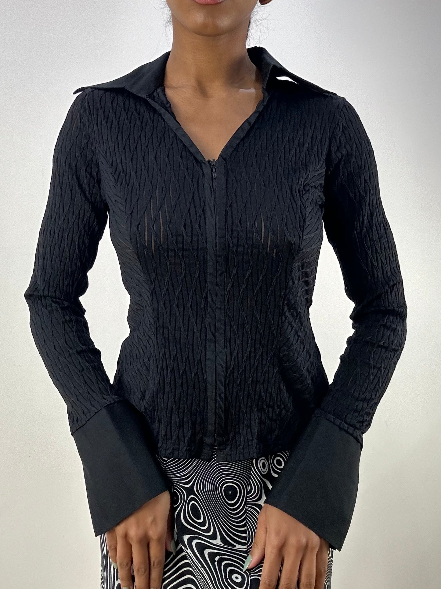 vintage edit: office siren | extra small black textured mesh zip up long sleeve shirt