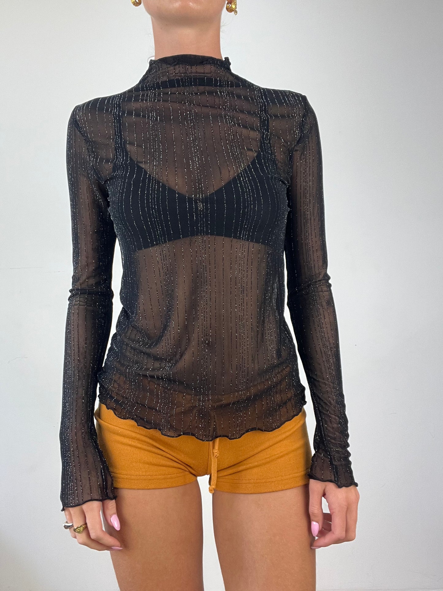 DINNER PARTY | small black semi sheer sparkly long sleeve top