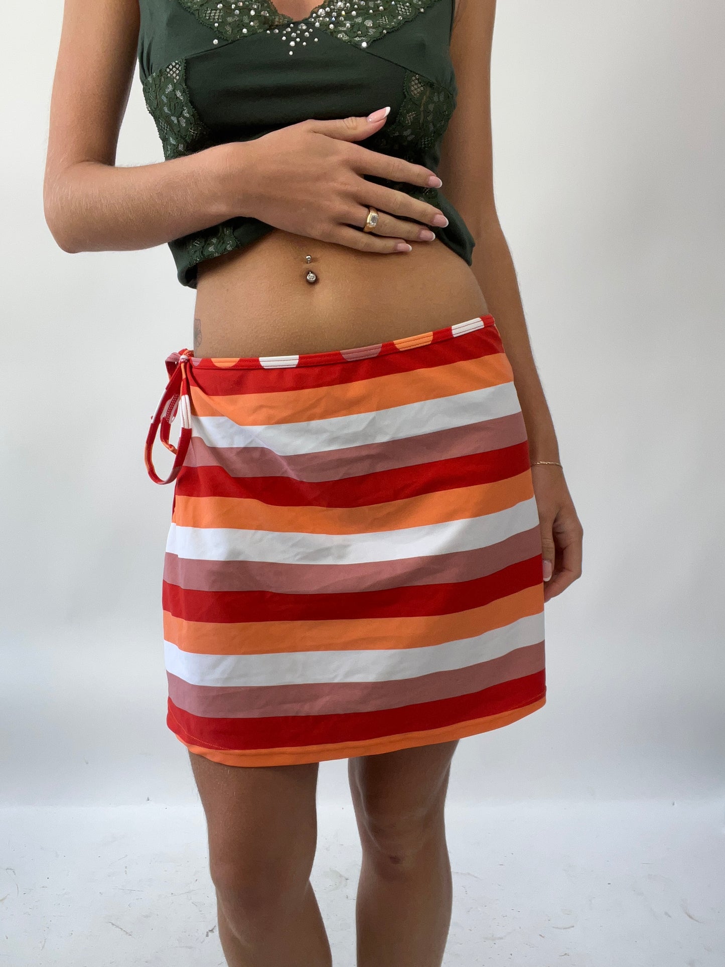 GIRLS TRIP DROP | medium orange white snd red striped wrap skirt