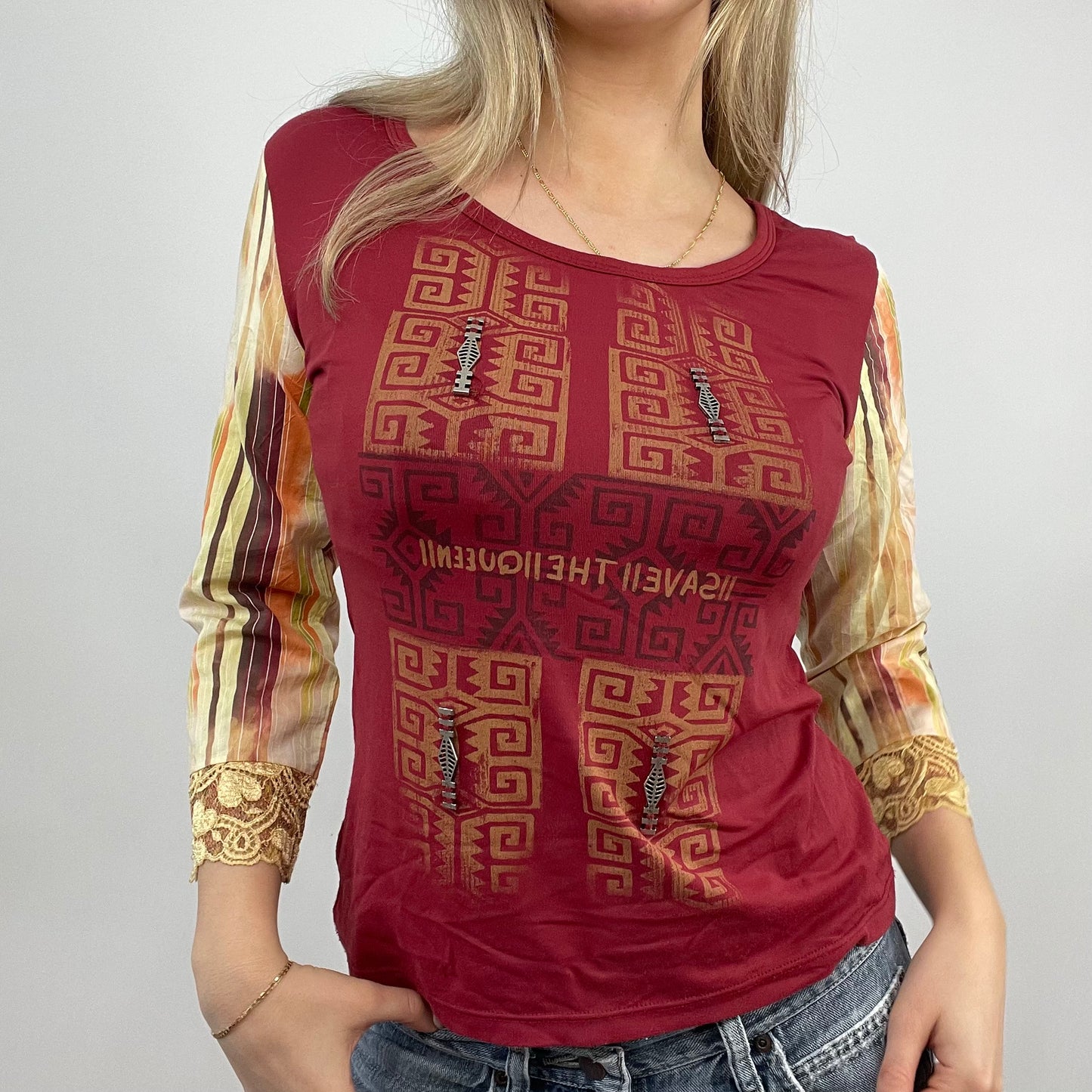 BEST PICKS | small red and yellow save the queen graphic 3/4 length sleeve top