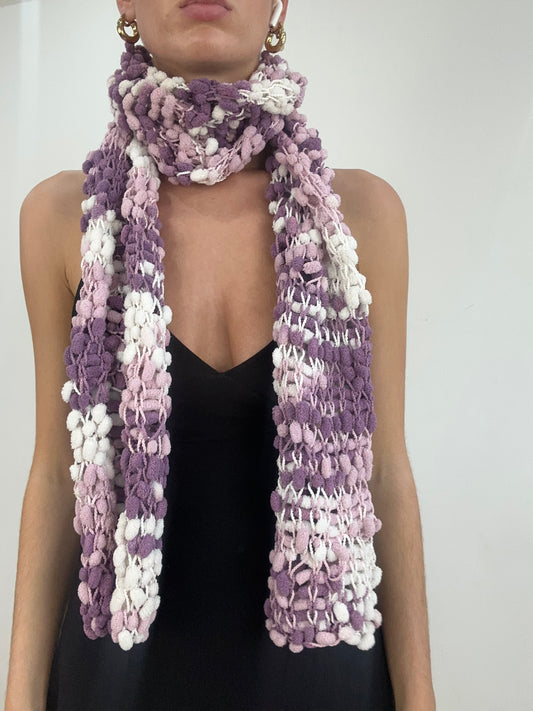 vintage drop 1 | white and purple bobble knitted scarf