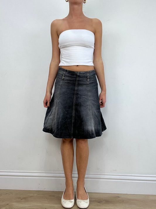 vintage drop 1 | small dark wash black and grey denim midi skirt