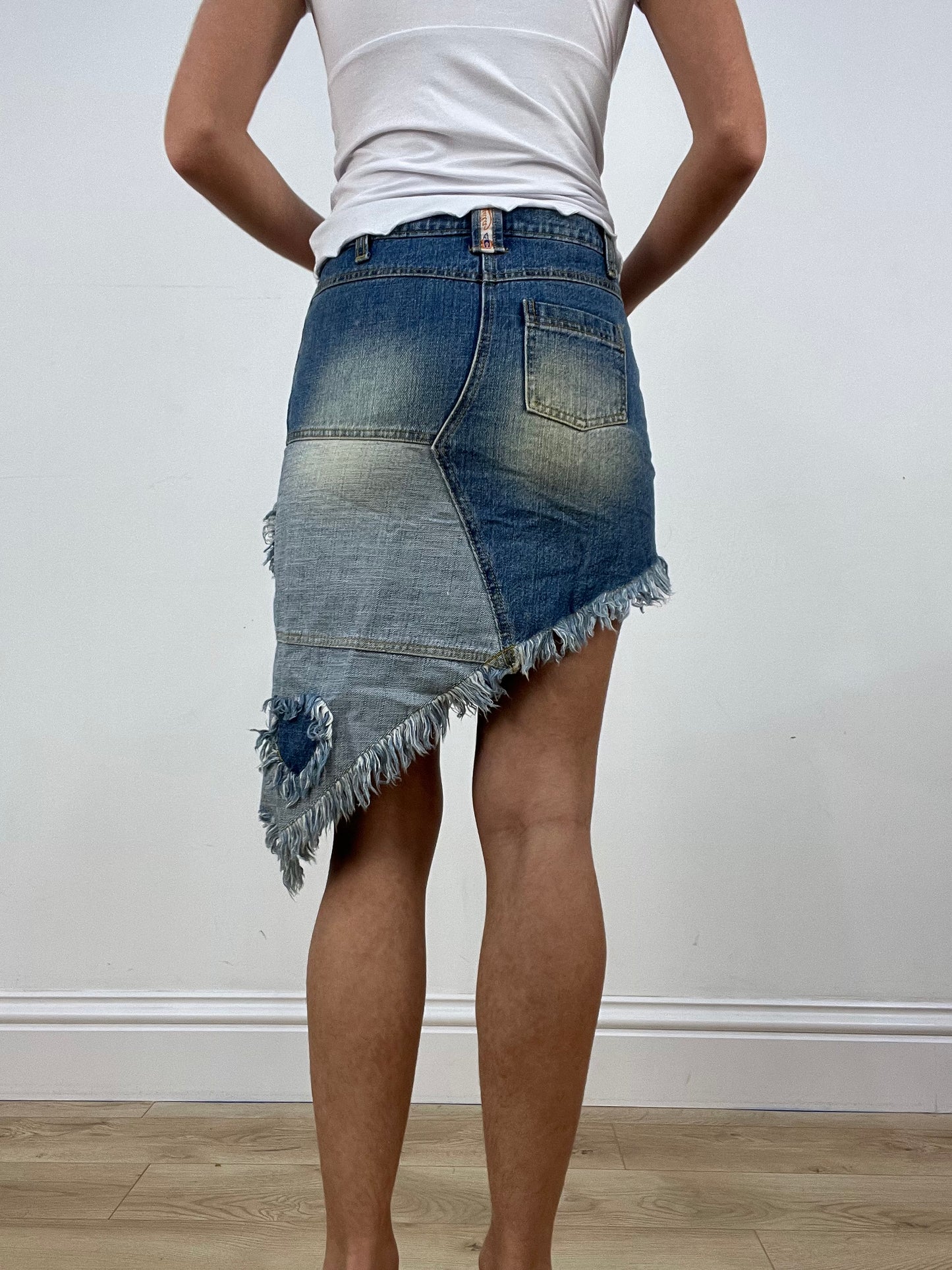 BONFIRE NIGHT | extra small mid wash asymmetric denim skirt