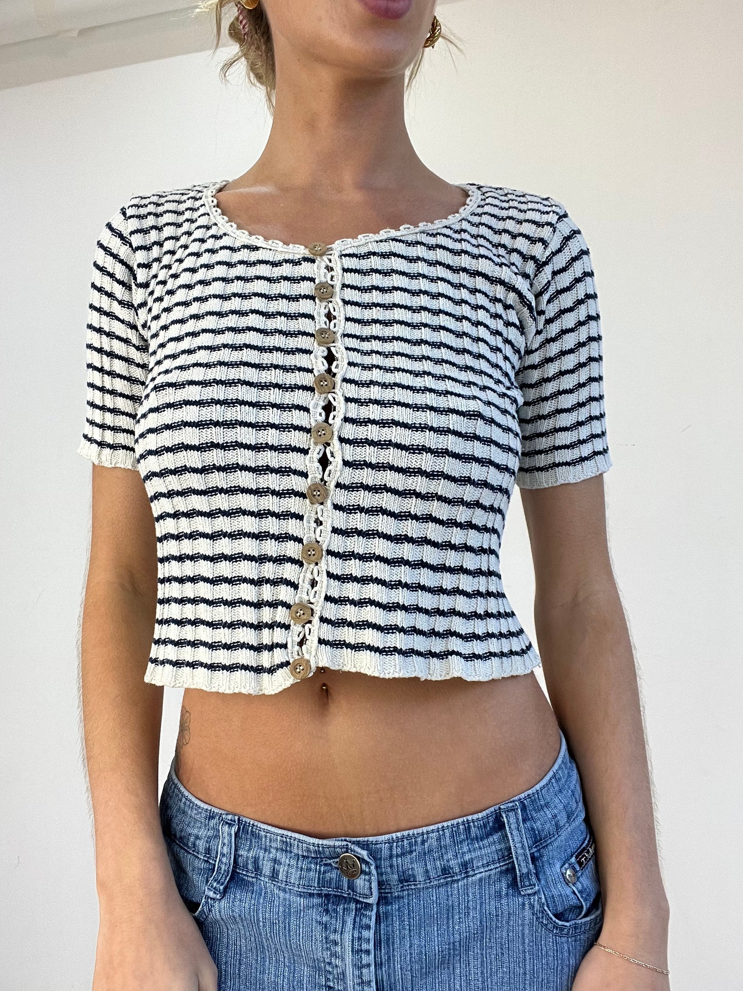 WINTER TRENDS | medium white and navy striped crochet top