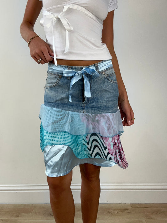 SIRENCORE | small denim skirt with blue chiffon material