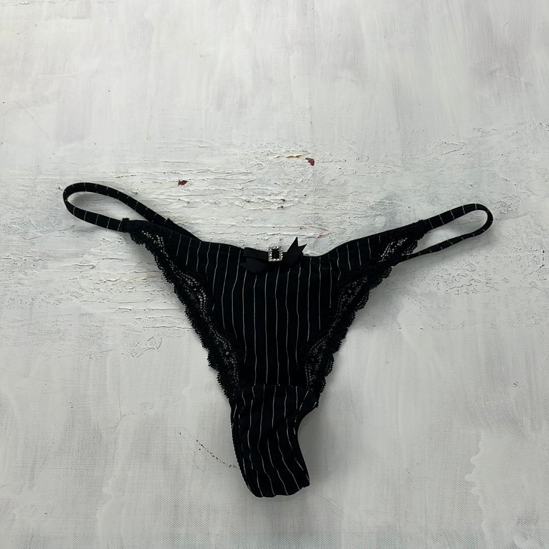 COACHELLA DROP | black and white pinstripe thong with lace detail