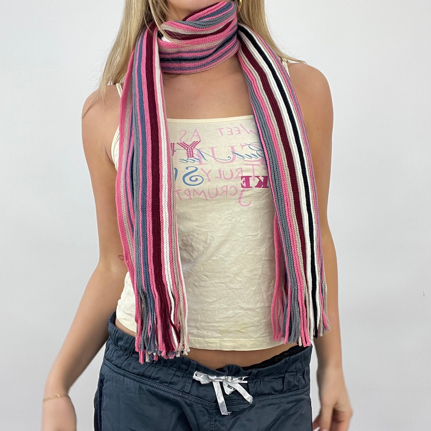 ‼️💻 GIRL CORE DROP | pink knit striped scarf with tassel detail