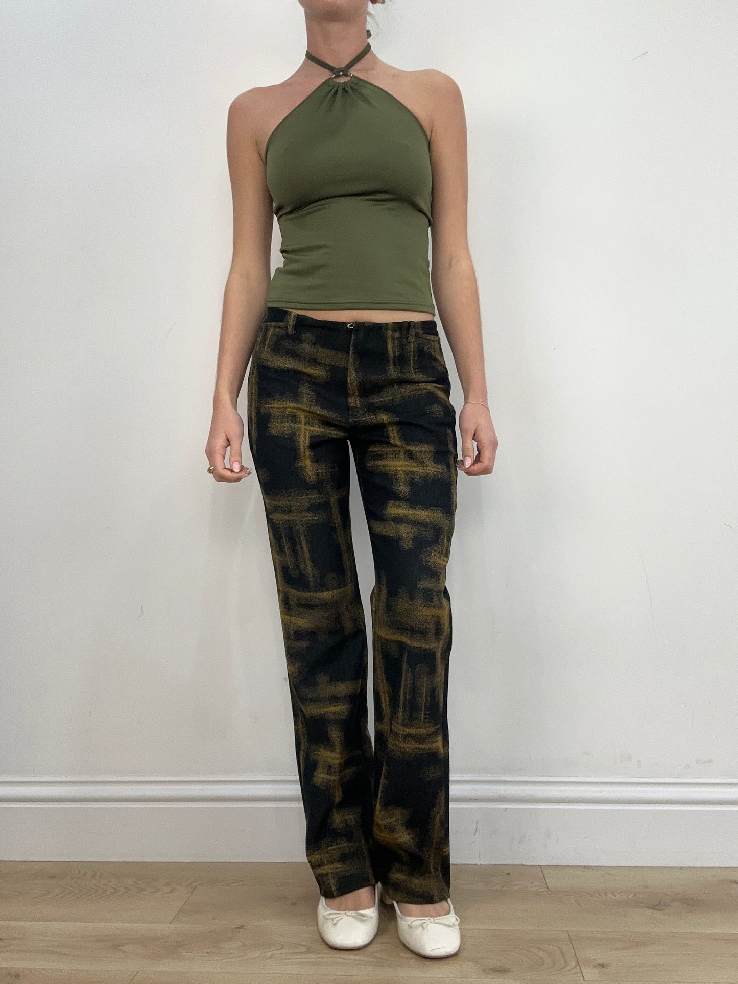 vintage edit six | medium black and green abstract print trousers