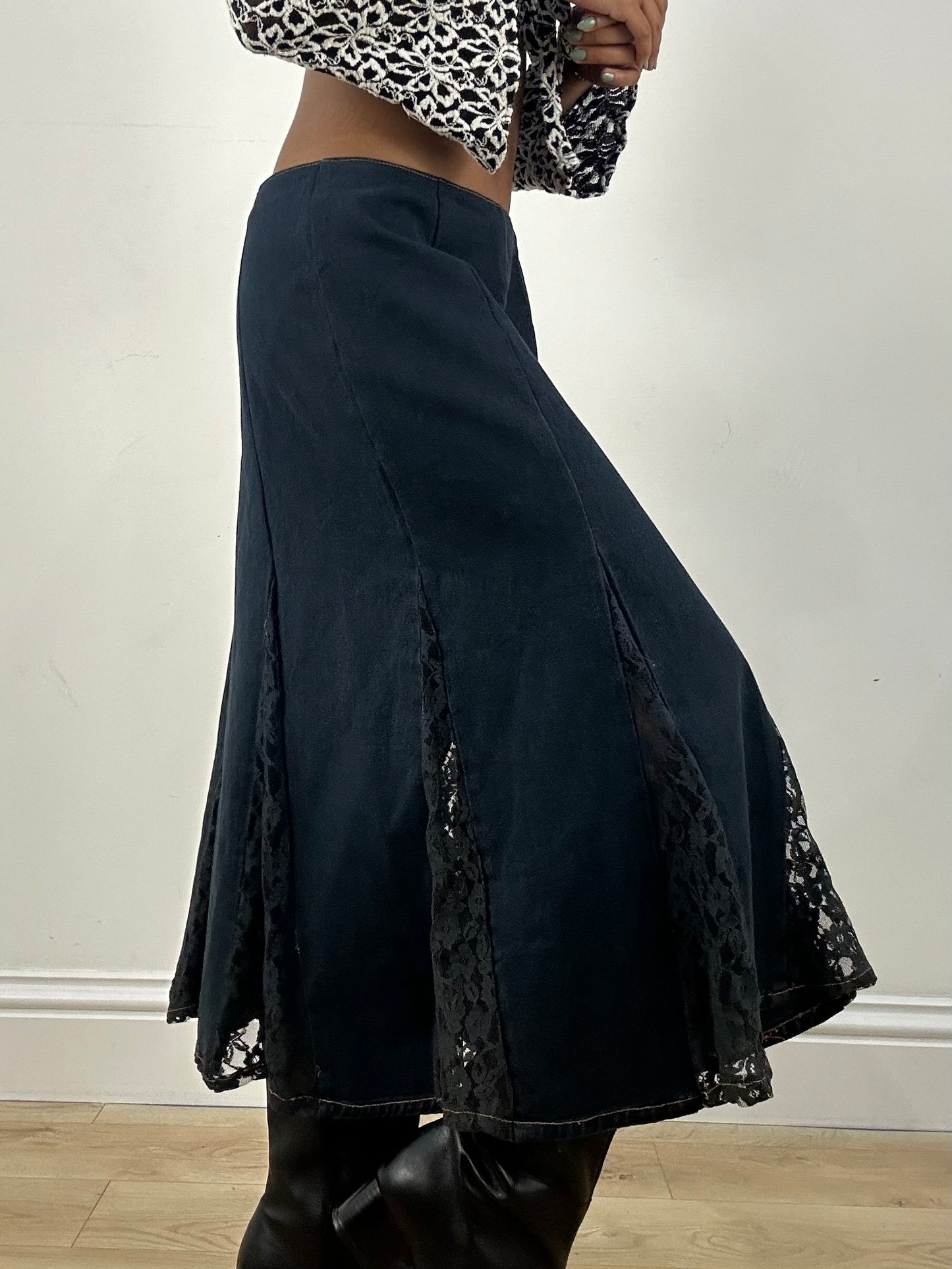 vintage edit: office siren | small blue denim and lace maxi skirt