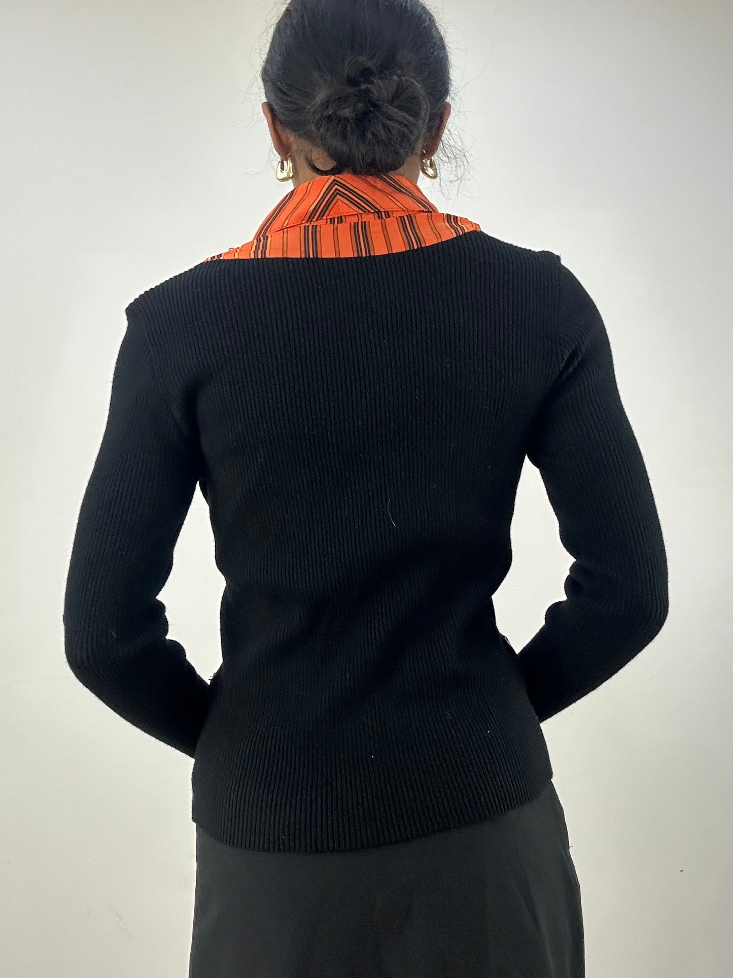 vintage edit: office siren | small black and orange button up top