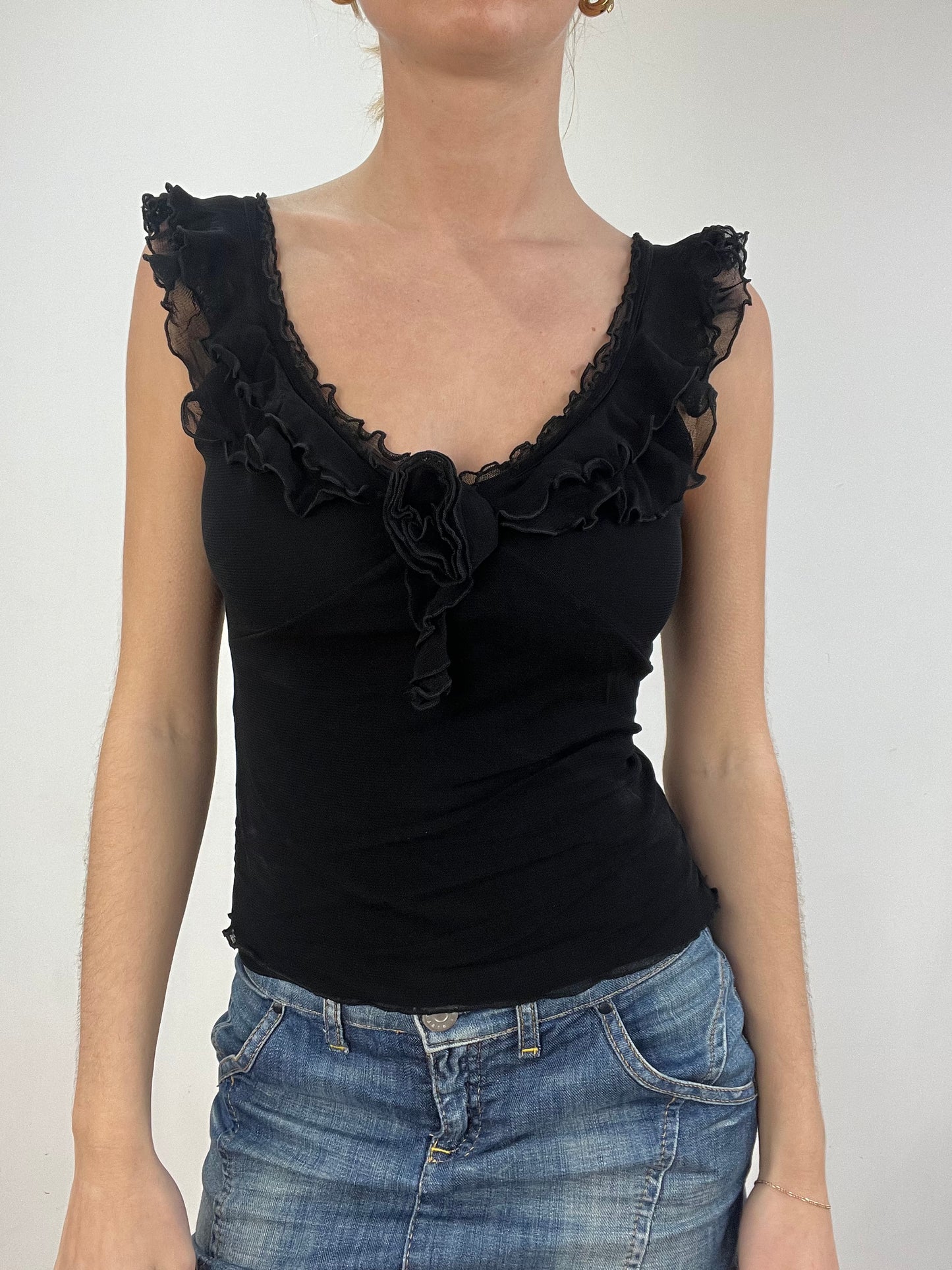 vintage edit six | small black mesh ruffle top