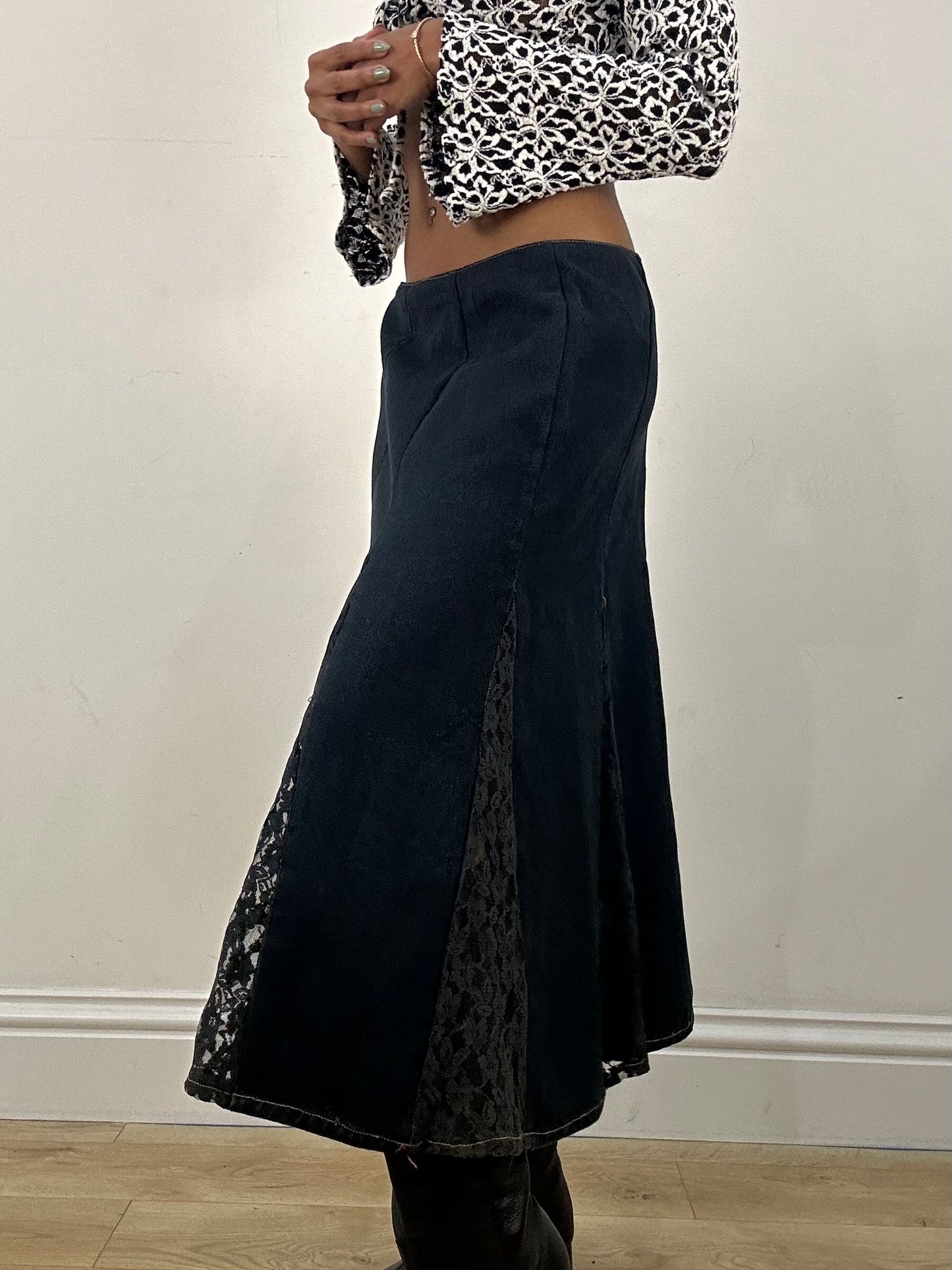 vintage edit: office siren | small blue denim and lace maxi skirt