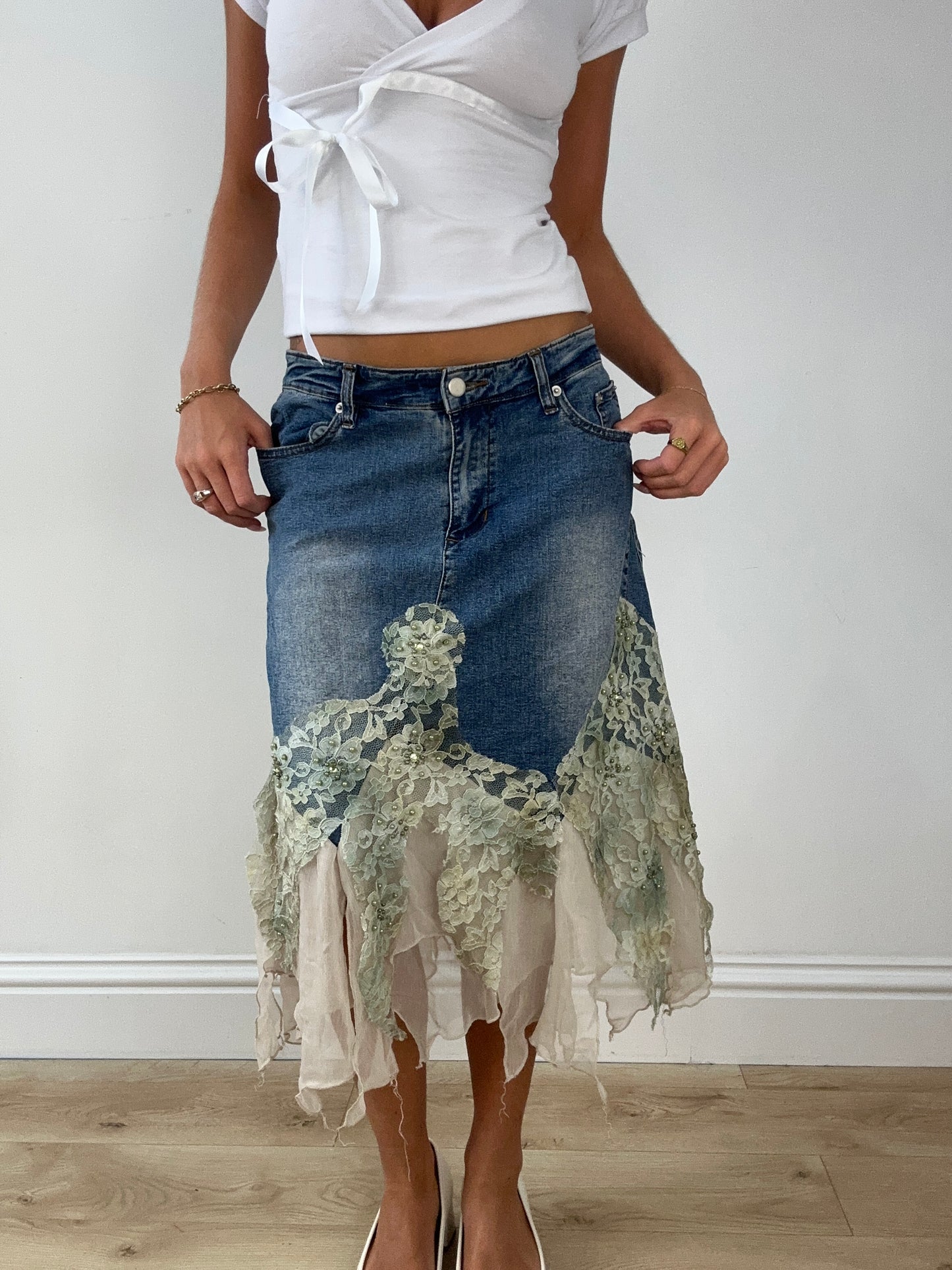 SIRENCORE | denim skirt with khaki mesh and lace detail