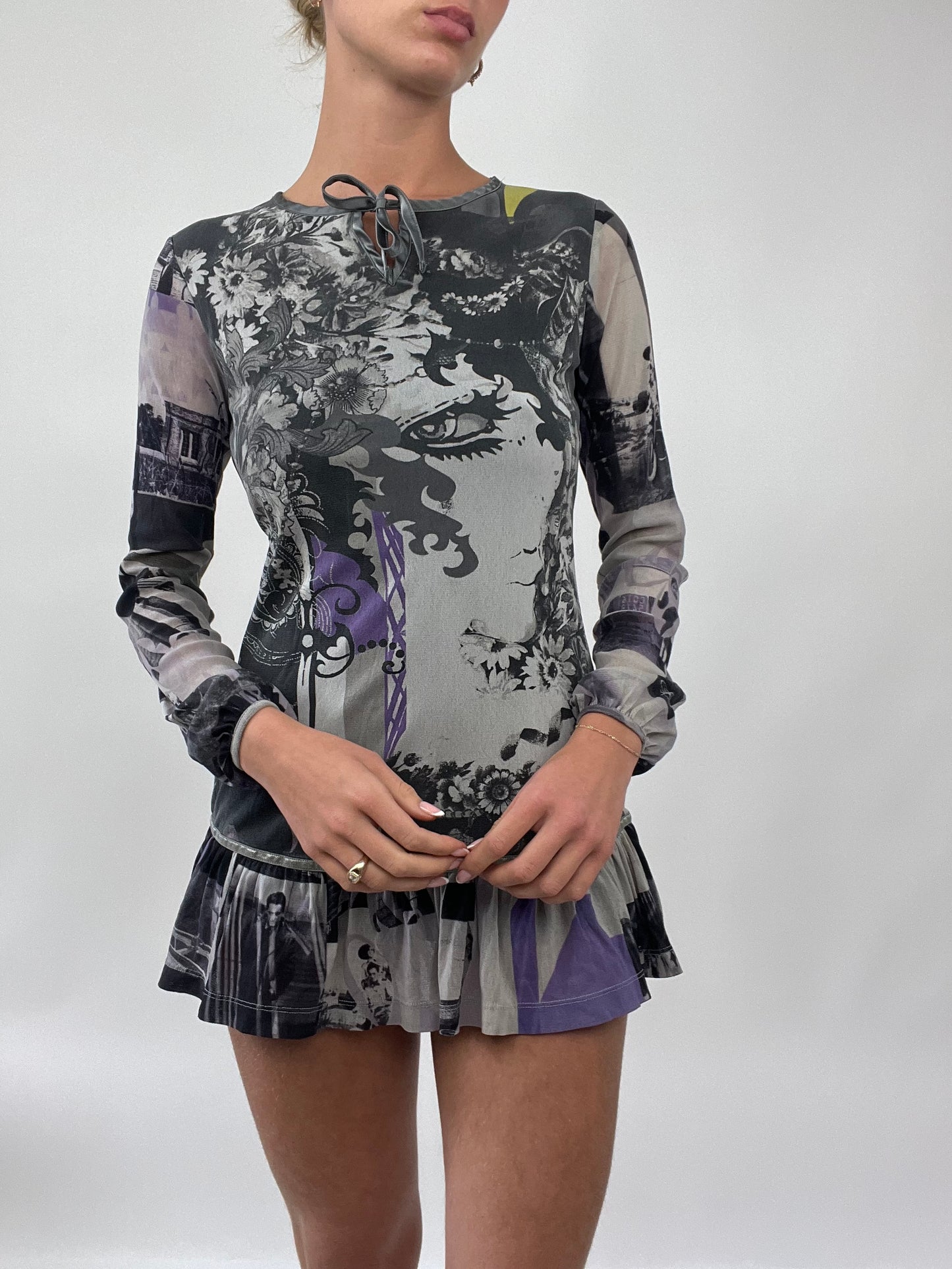 PALM BEACH DROP | small grey long sleeve dress with purple abstract pattern
