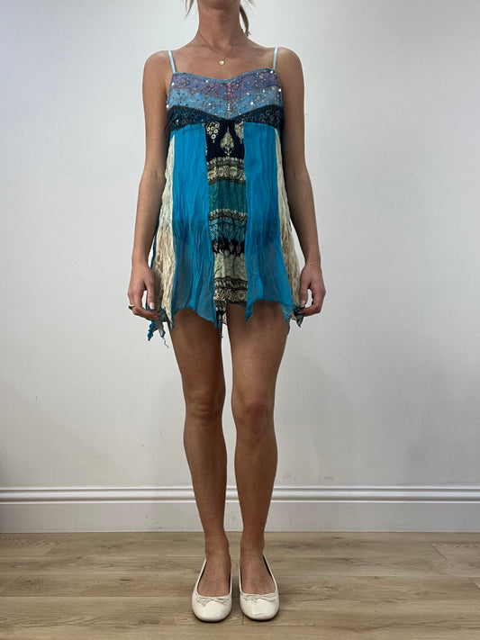 BEST PICKS | small blue lace and mesh abstract print dress