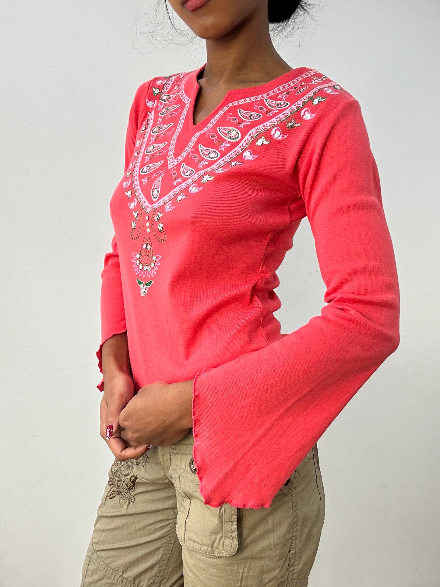 💻HIPPY CHIC DROP | small coral long sleeve top with paisley front