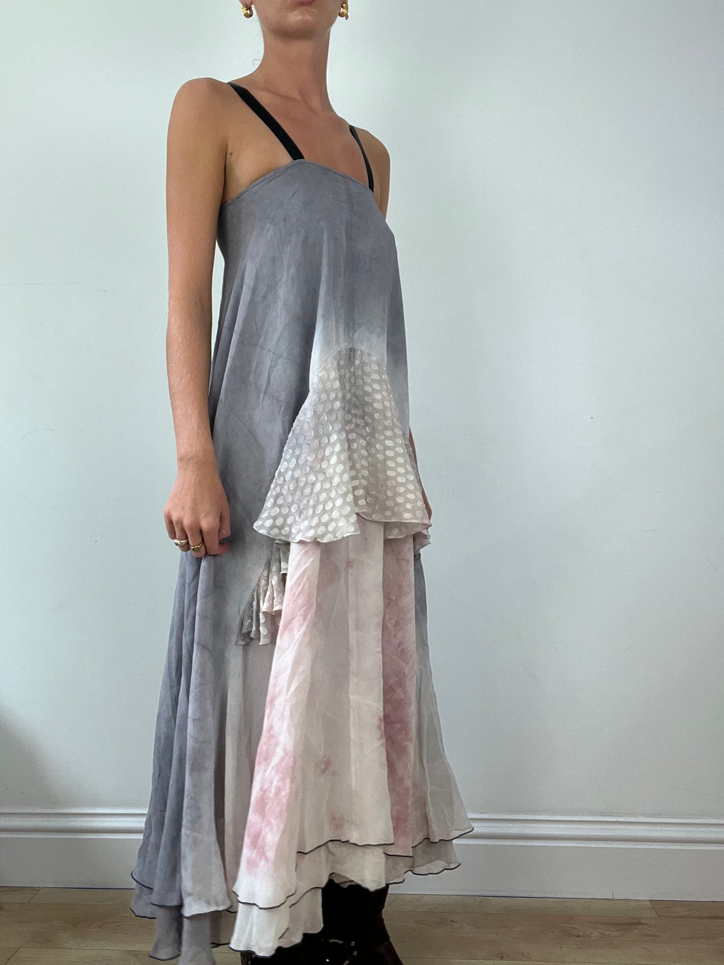 DINNER PARTY | medium pink and grey layered maxi skirt