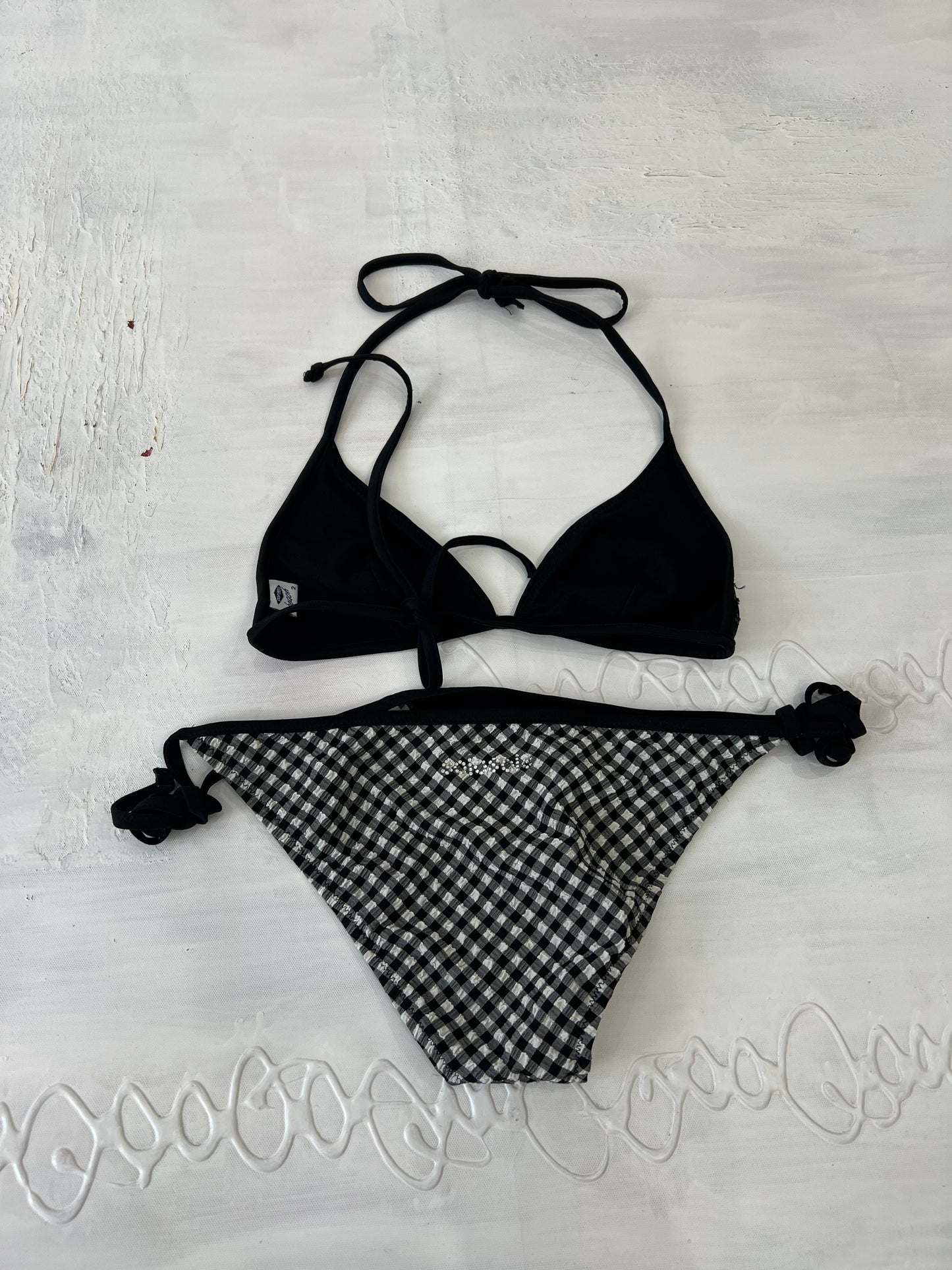 COASTAL COWGIRL DROP | small black bikini set with gingham bottoms and beaded detail on top