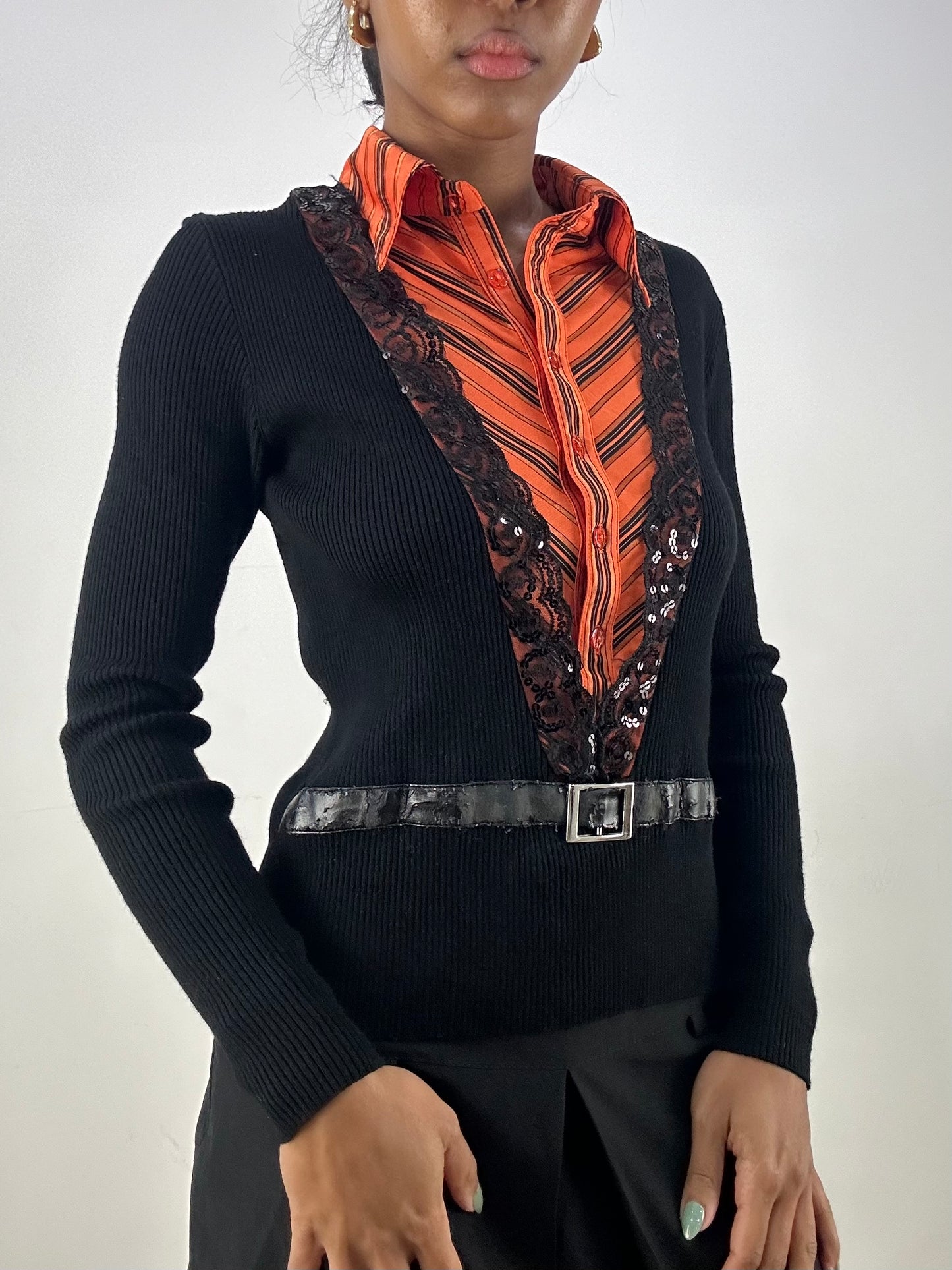 vintage edit: office siren | small black and orange button up top