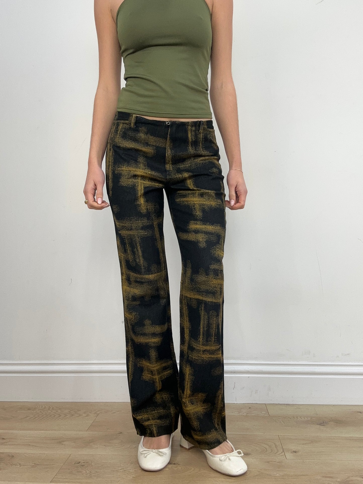 vintage edit six | medium black and green abstract print trousers