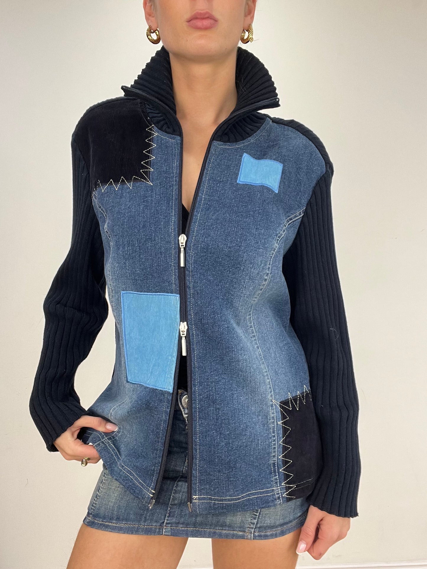 vintage edit five | medium blue denim patchwork dual zip jumper