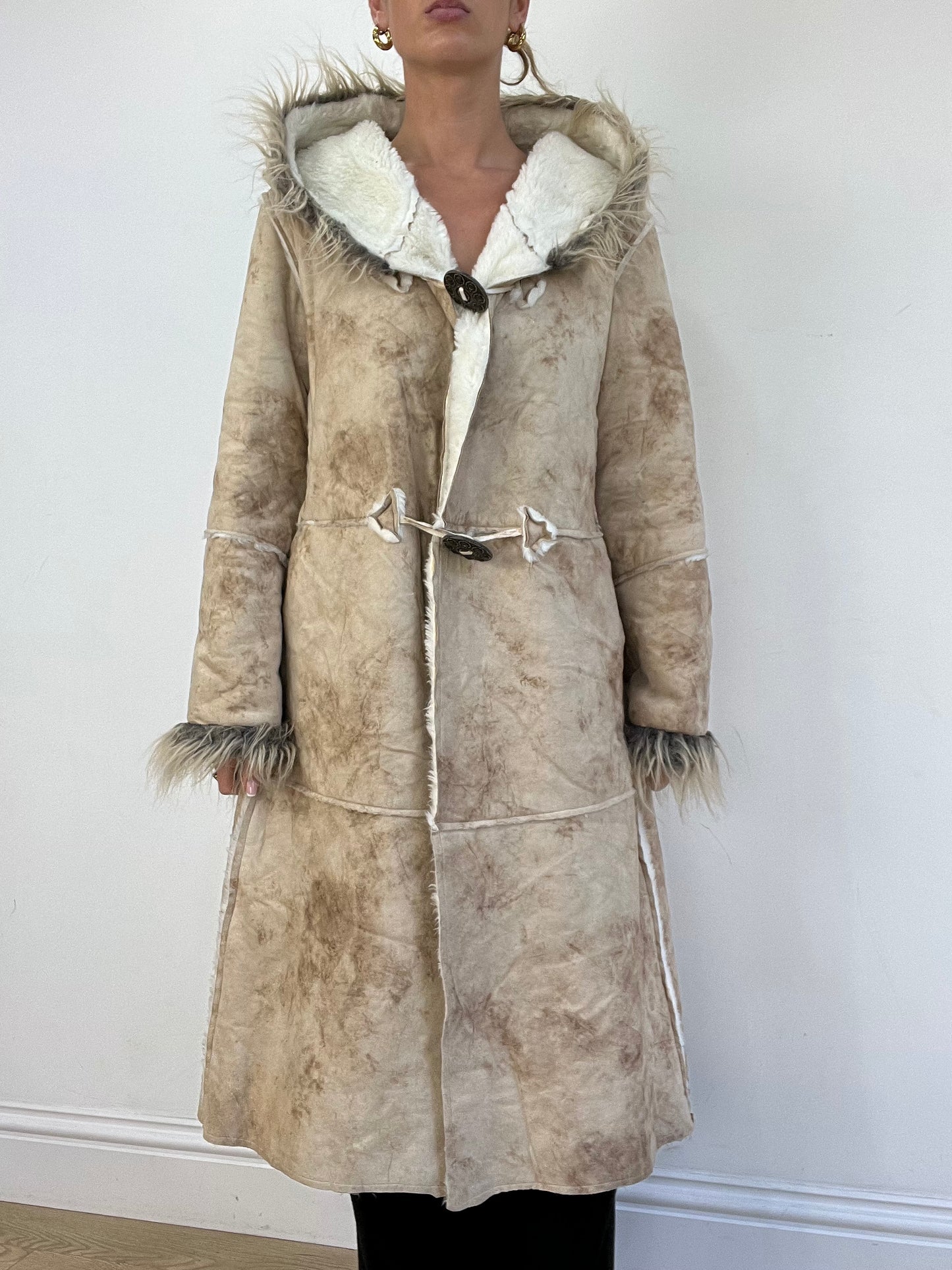 WINTER TRENDS | medium beige long afghan style coat with faux fur