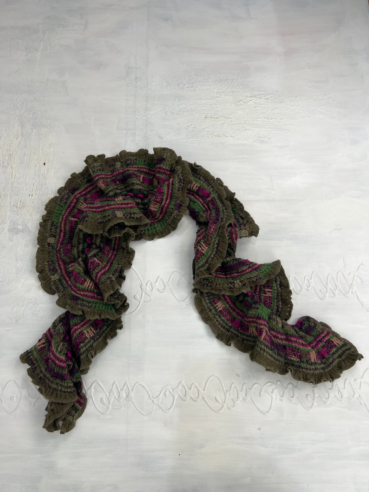 BONFIRE NIGHT | pink and green knitted ruffle scarf