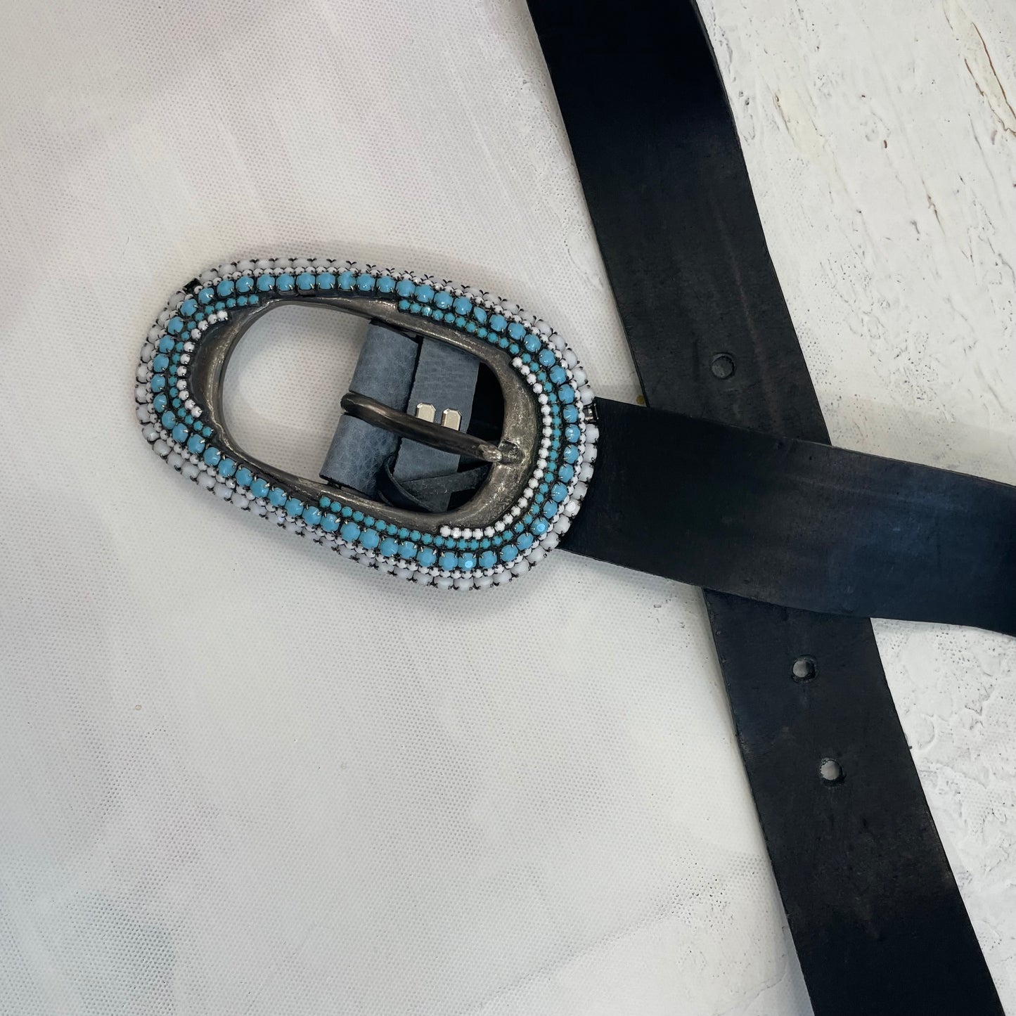 BEST PICKS | blue leather belt with beaded buckle detail