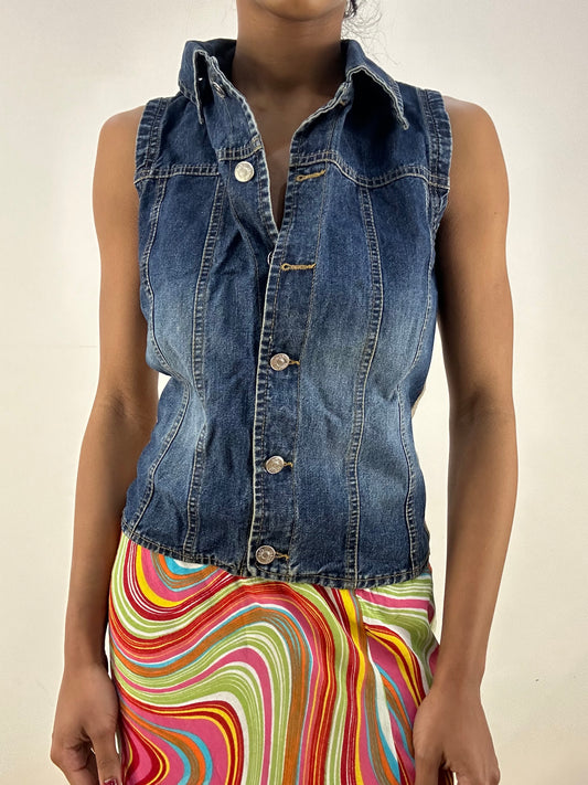 HIPPY CHIC DROP | medium denim waistcoat with knitted back