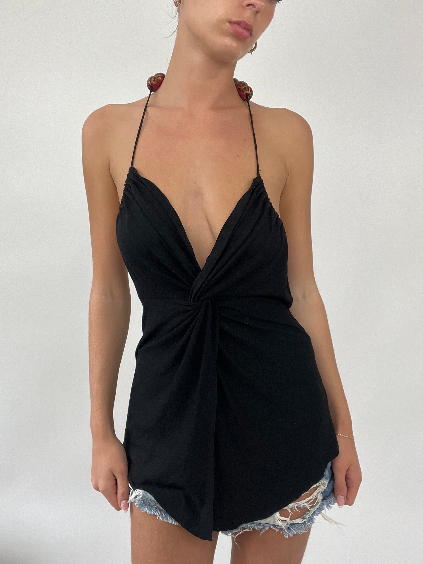 PALM BEACH DROP | medium black halterneck top with brown bead strap