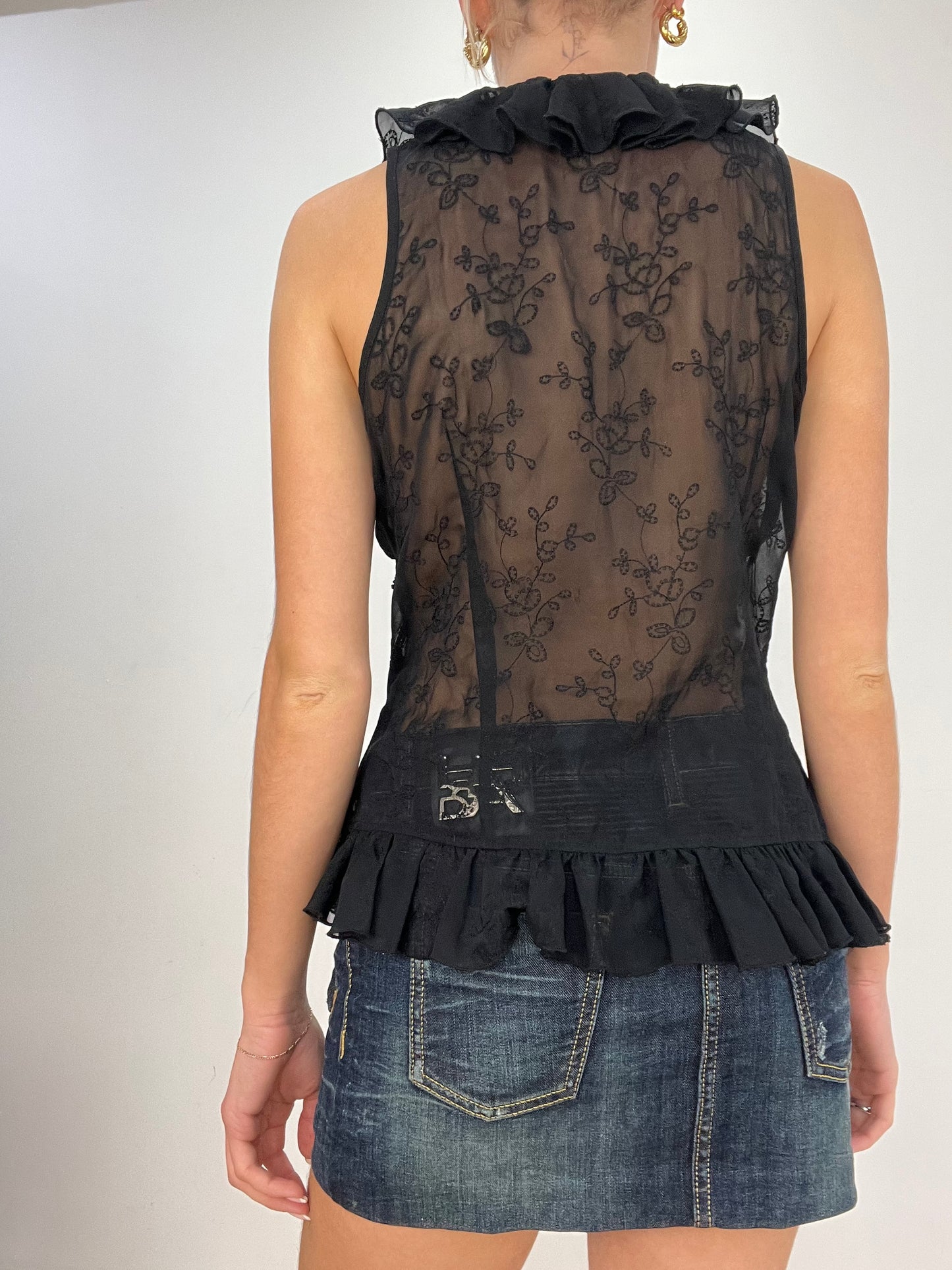 vintage edit five | medium black sheer ruffle shirt