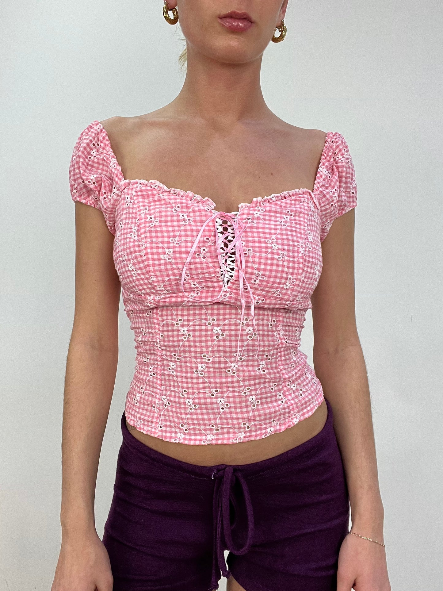 vintage edit nine | small pink gingham milkmaid style top