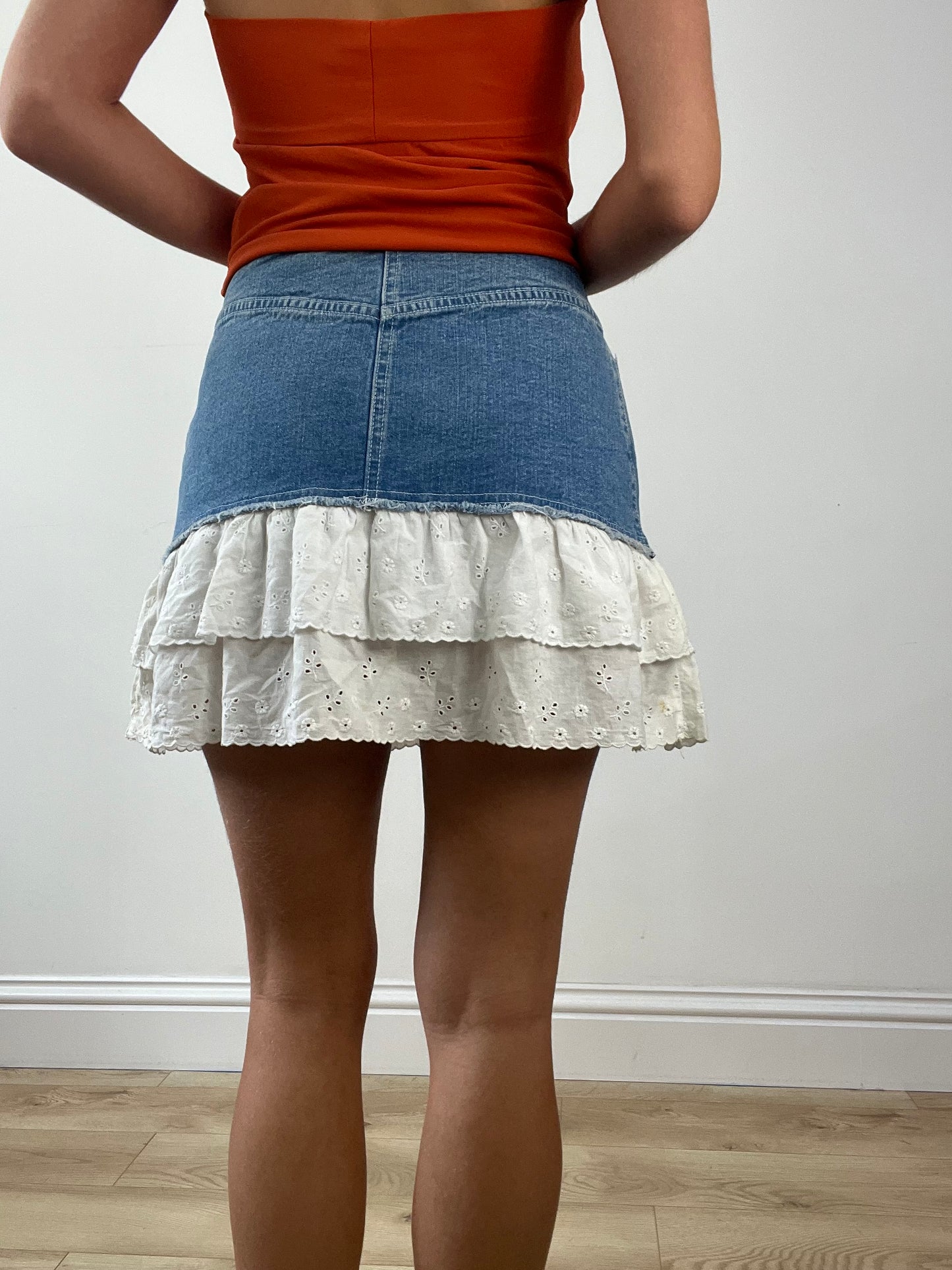 GIRLBAND DROP | small denim skirt with linen ruffle detail