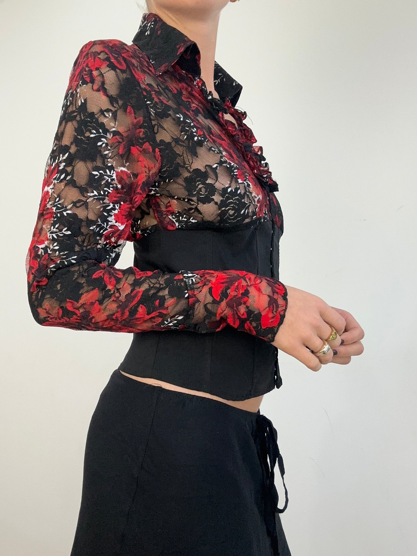 vintage edit one | medium red and black lace corset top