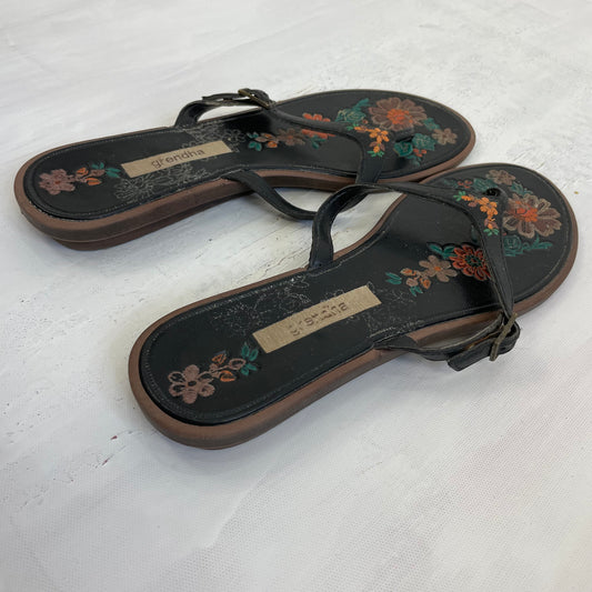 💻 TROPICAL GIRL DROP | size 5 black buckle flip flops with floral multicoloured embroidered details