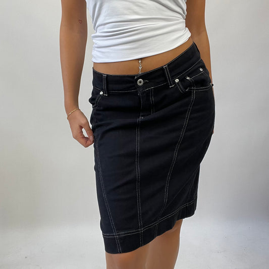 MANHATTAN GIRL DROP | small black denim contrast stitch midi skirt