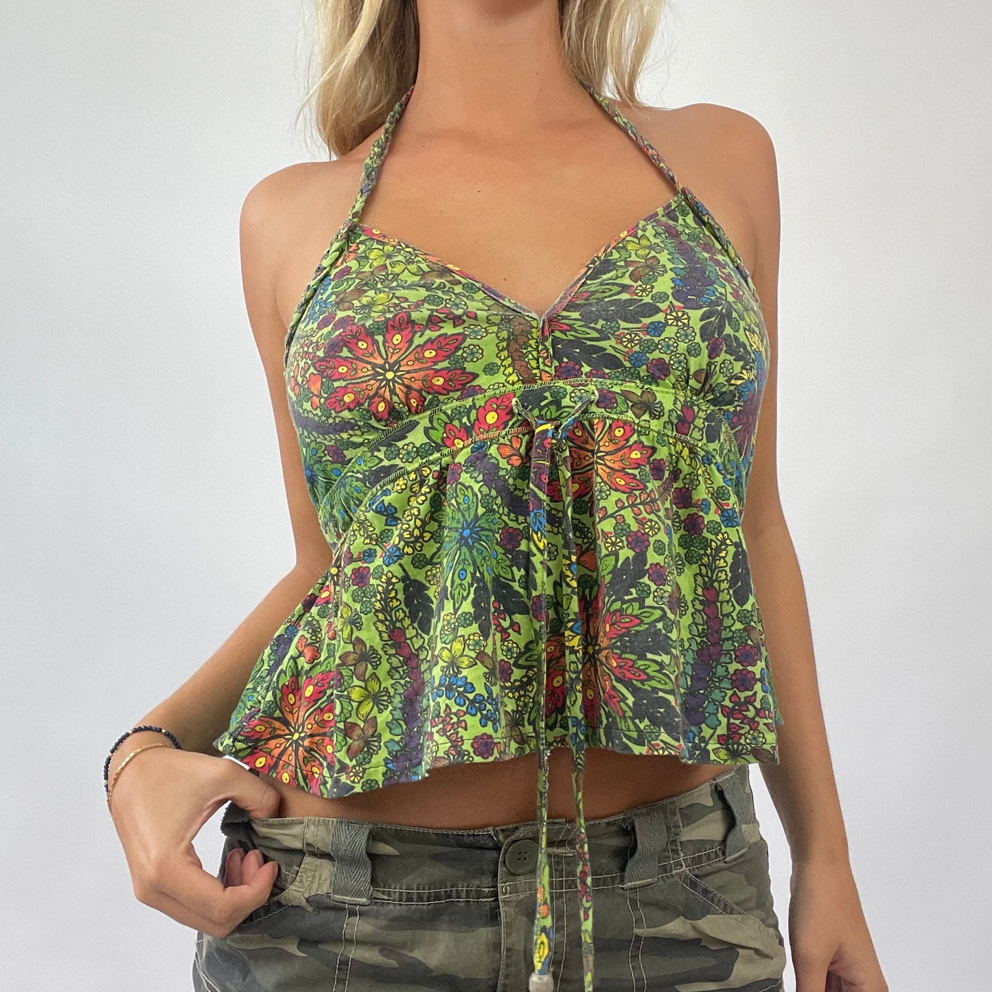 💻BOAT PARTY DROP | small green floral halterneck top with drawstring