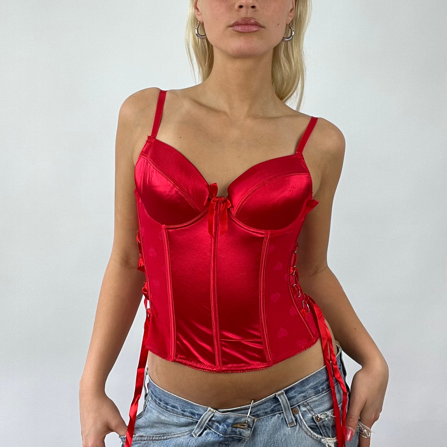 💻 FESTIVAL DROP | small red silky corset with heart print and lace up side