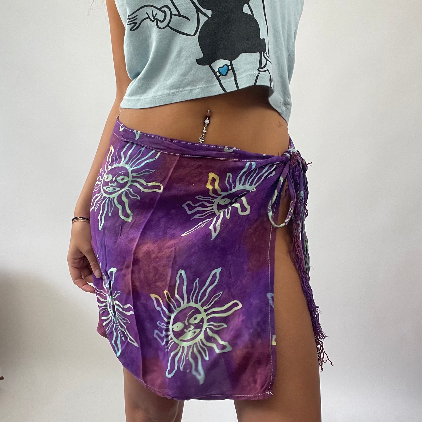 BOAT PARTY DROP | purple tie dye tie side skirt with sun print