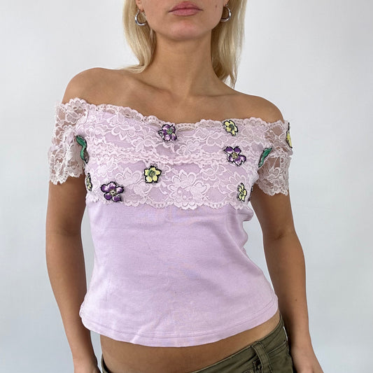 💚💻 DAINTY DROP | small lilac off the shoulder top with lacy floral bust detail