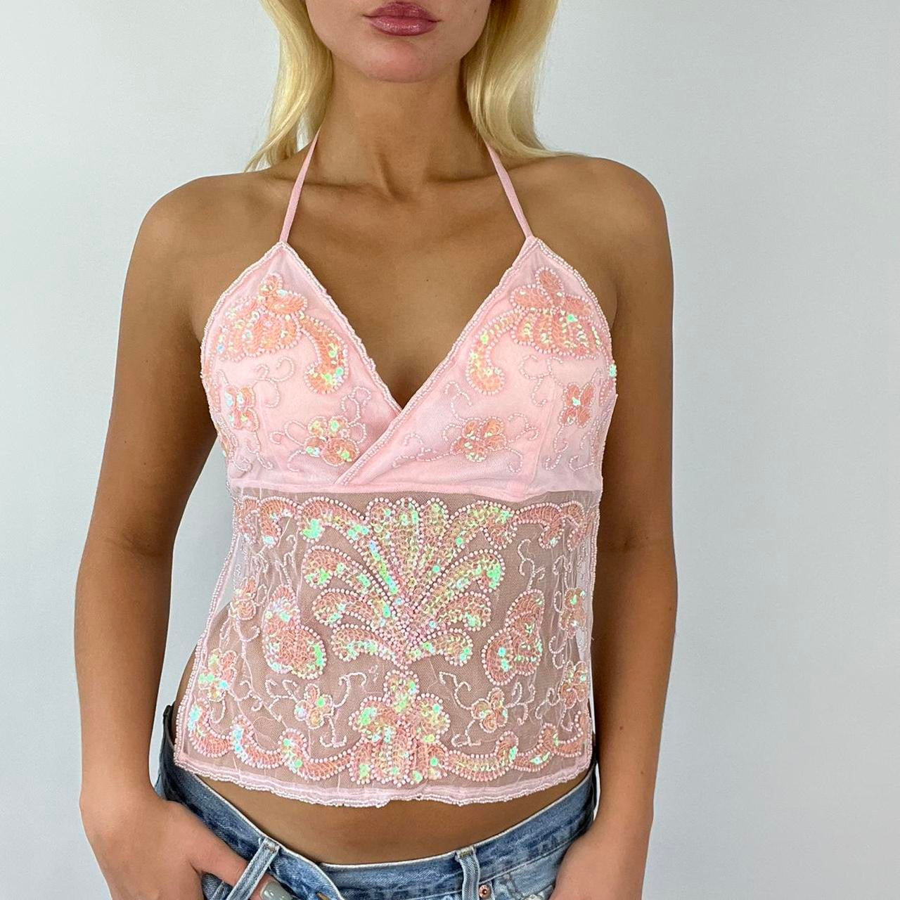 ⭐️ pink sequin backless top festival top